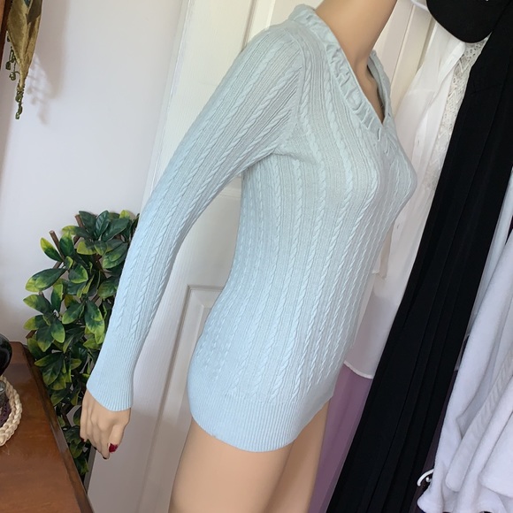 Eddie Bauer Cableknit sweater hourglass mint green v neck pullover XS - Picture 9 of 13